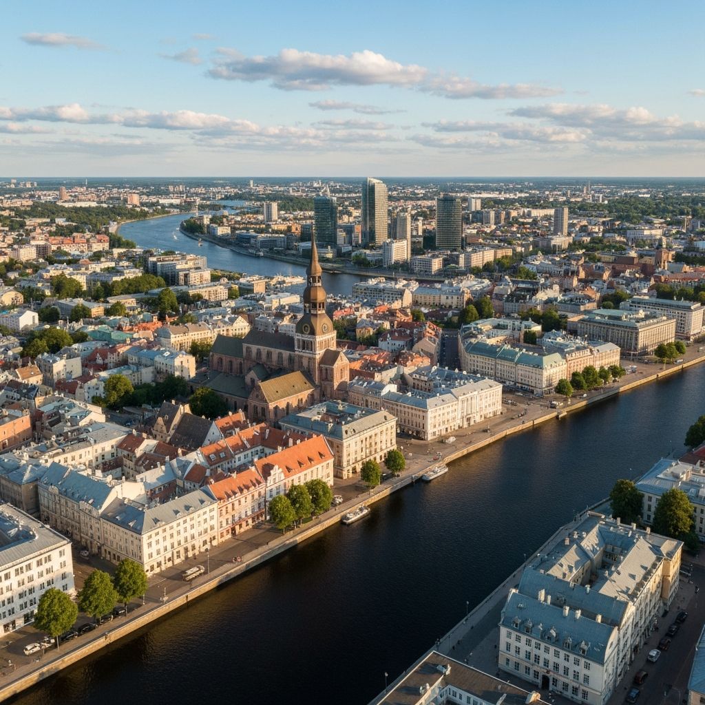 Aerial view of Riga, Latvia with the Daugava river and old town